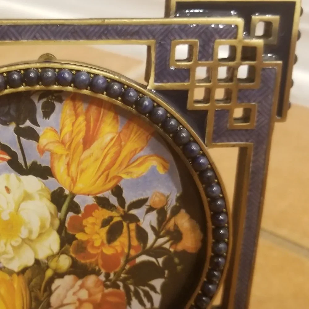 RARE JAY STRONGWATER CHINOISERIE DECO TAO FRETWORK CABOCHON STONE ENAMEL FRAME
